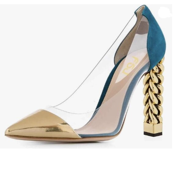 FSJ Women Golden Block High Heel Clear Pump Pointed Toe Slip On Fashion Dress - Picture 1 of 8